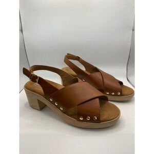 Softwalk Women Tan Leather Cross Strap Slingback Clog Sandals Wood Heel Size 8‎
